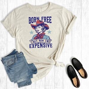 Next Level Apparel Cream Graphic Tee- Born Free Now Expensive- NWOT